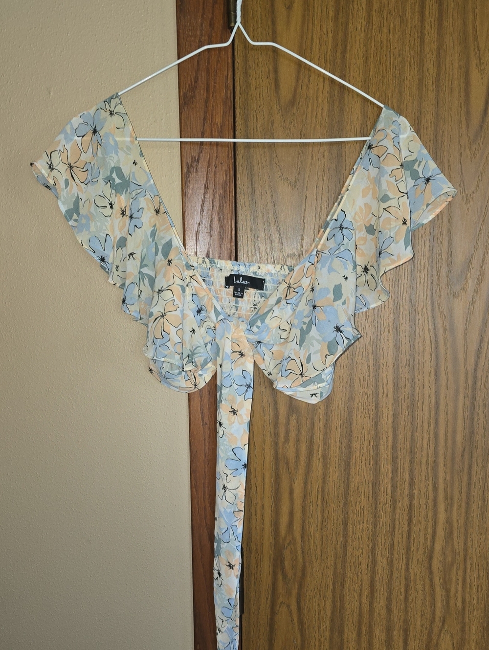 Lulu's Pastel Blue & Peach Floral Tie-Front Ruffle Camisole